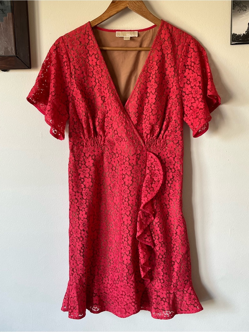 Michael Kors Coral-Red Lace Wrap Midi Dress- Medium PTP 18 inch